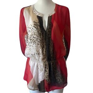 Calvin Klein Printed Chiffon Collared V Neck Long Sleeve Blouse Size L